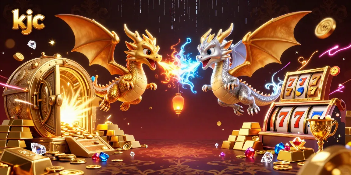Experience thrilling gameplay with KJC's gold and silver dragons amidst riches in a vibrant casino scene.