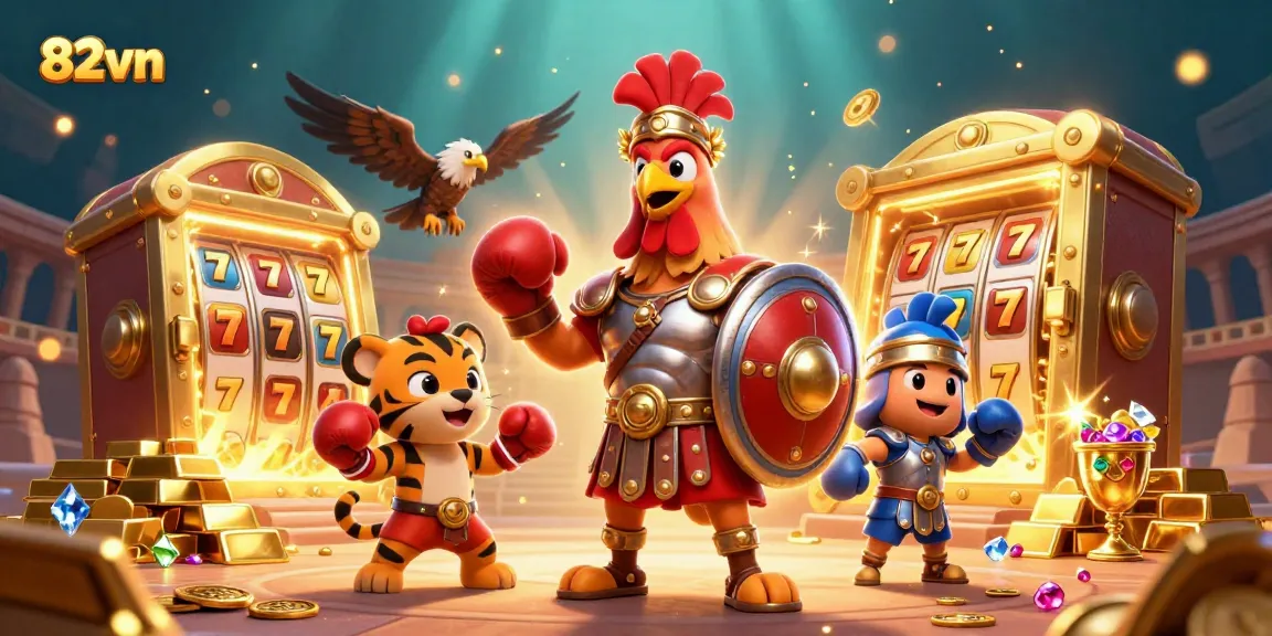 Experience the excitement of winning slots with 82vn's lively illustration featuring a gladiator rooster.