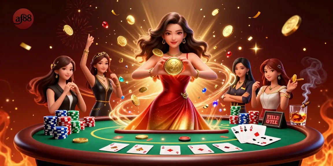 Join af88 for thrilling poker action, featuring vibrant casino elements and golden winnings.