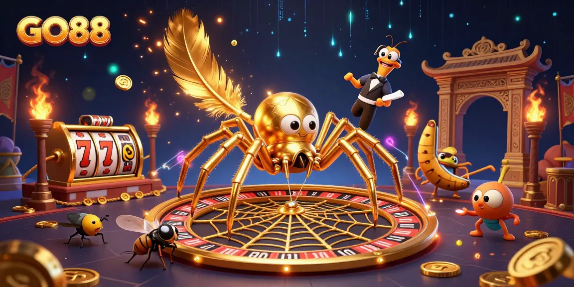 Engage in winning strategies at GO88 with a vibrant 3D illustration of a spider and centipede in a casino setting.