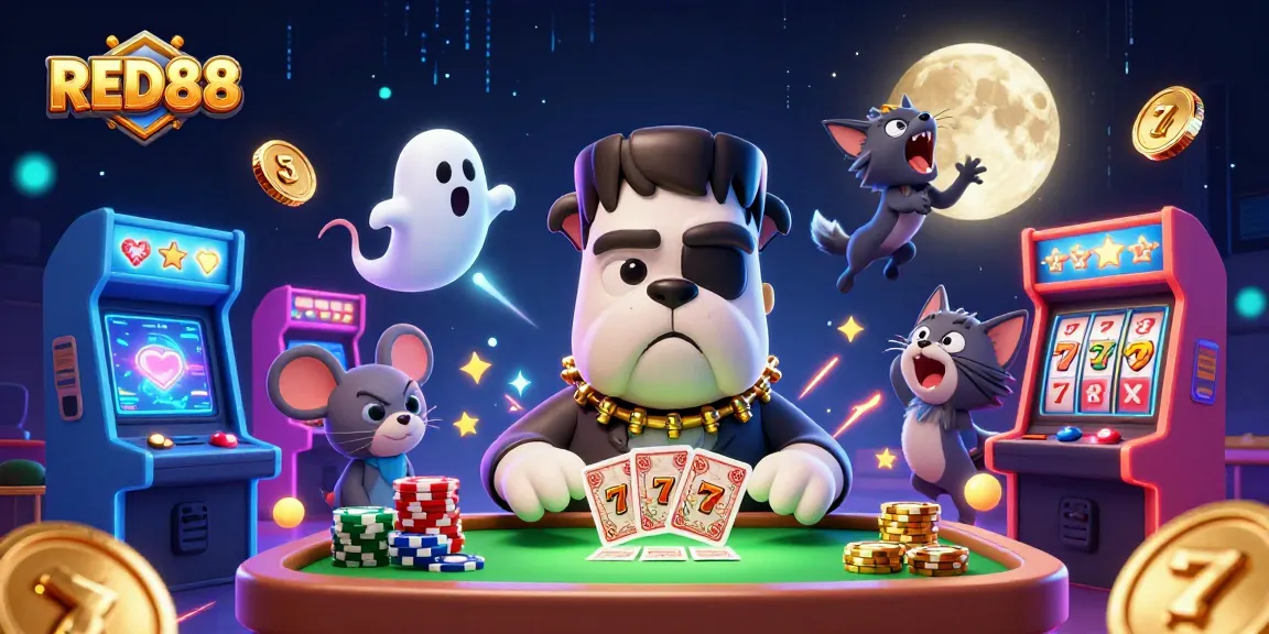 RED88 gaming scene with a Frankenstein bulldog dealer, slot reels, and glowing arcade machines.