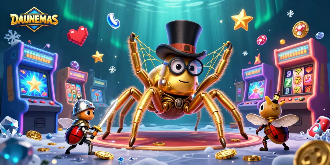 Experience thrilling gameplay with DAUNEMAS as a giant tarantula spins a golden thread among casino elements.