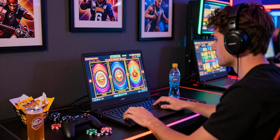 Pengguna menikmati permainan slot online di laptop dengan suasana permainan yang energik.