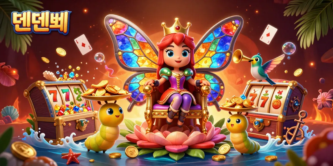 Engage in thrilling gameplay with 텐텐벳's vibrant casino illustration showcasing slot elements and a whimsical butterfly queen.