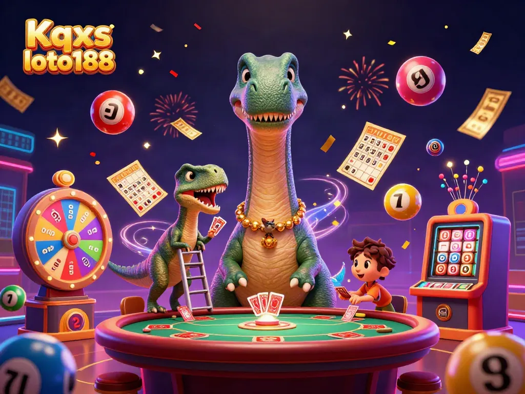 Kqxs loto188 showcases a vibrant and dynamic lottery-themed scene featuring a giant brontosaurus and clever raptor, highlighting excitement and engagement.