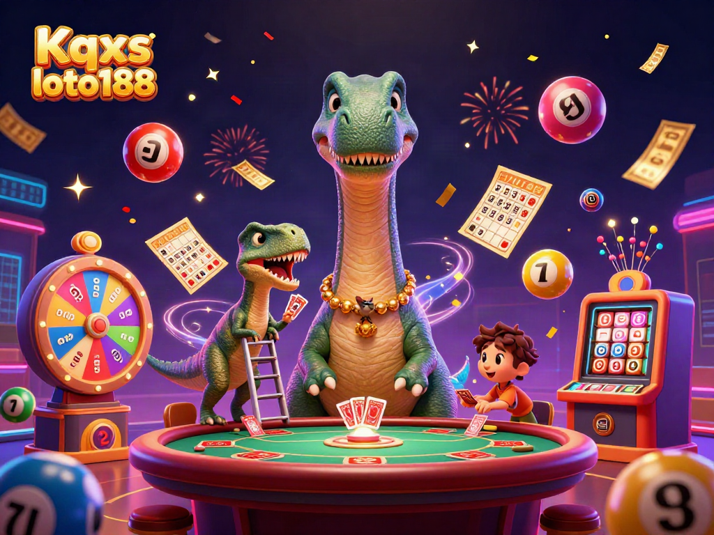 Kqxs loto188 showcases a vibrant and dynamic lottery-themed scene featuring a giant brontosaurus and clever raptor, highlighting excitement and engagement.