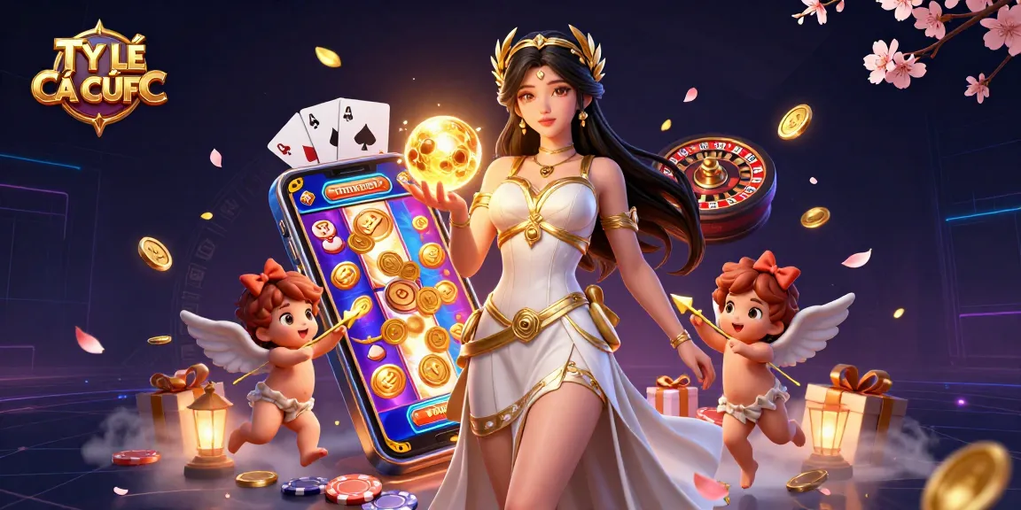 TỶ LỆ CÁ CƯỢC showcases a goddess character and cherubs amidst vibrant casino elements.