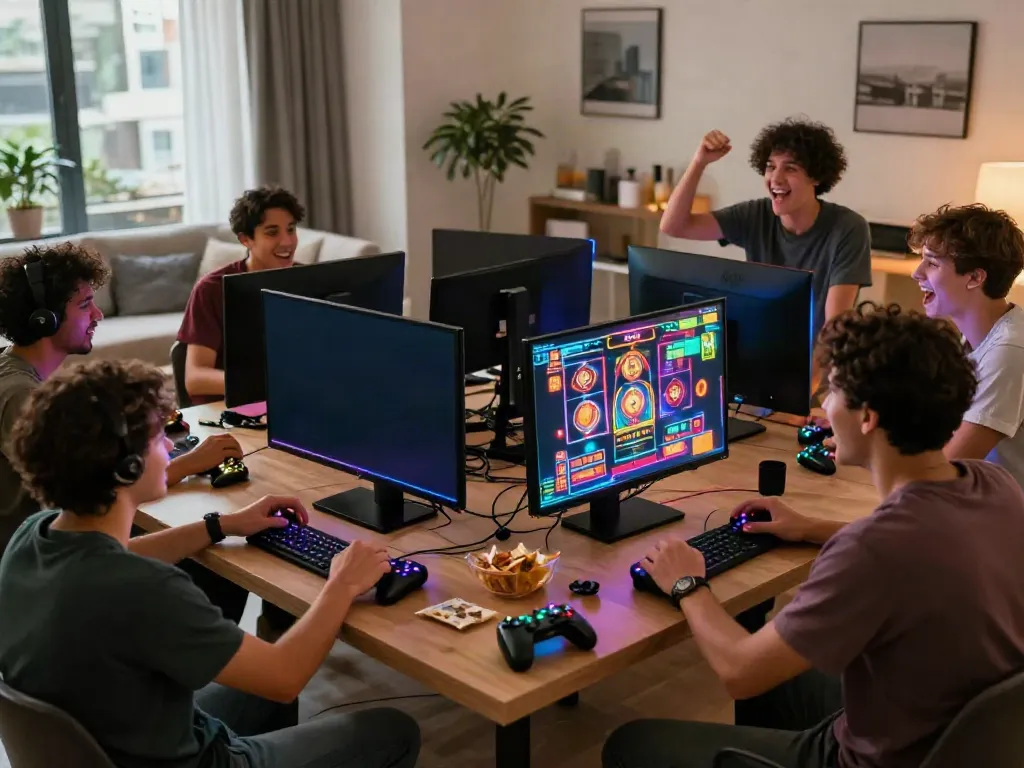 A lively gaming scene with friends enjoying akunjp slot games together, showcasing excitement and strategy.
