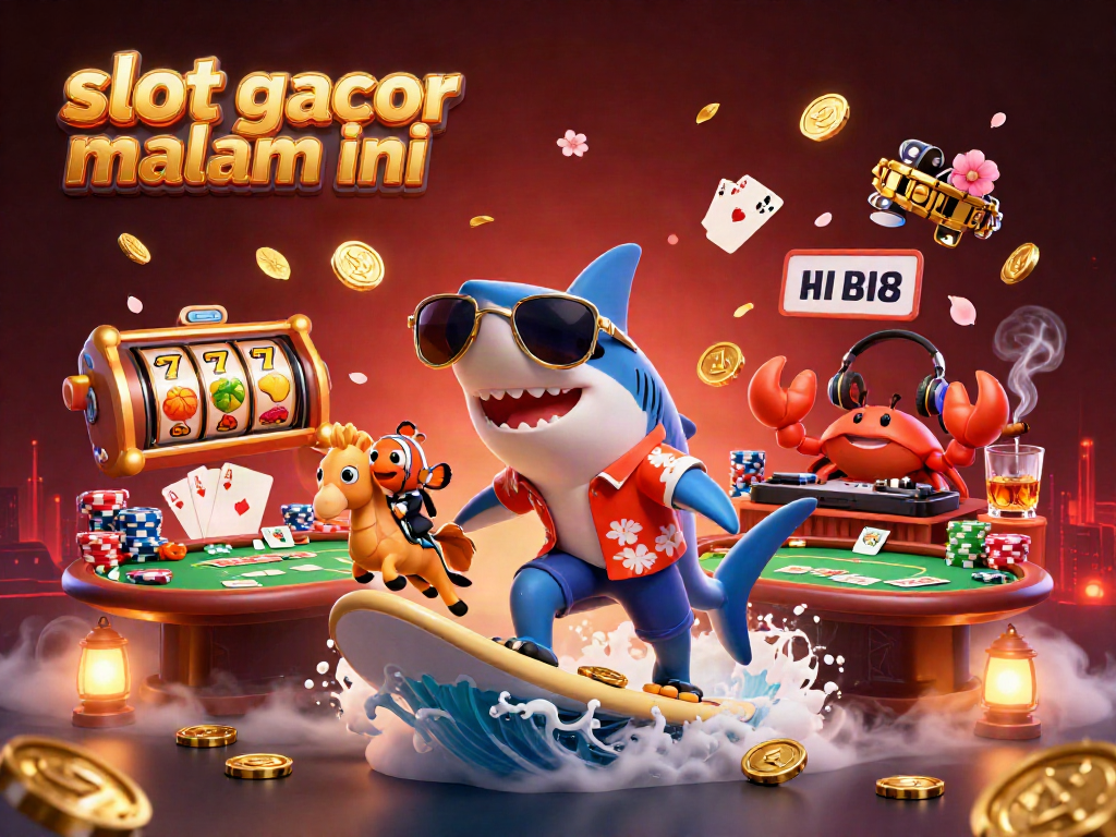 Menghadirkan slot gacor malam ini dengan ikan hiu kartun 3D berselancar di atas koin emas dan elemen kasino lainnya.