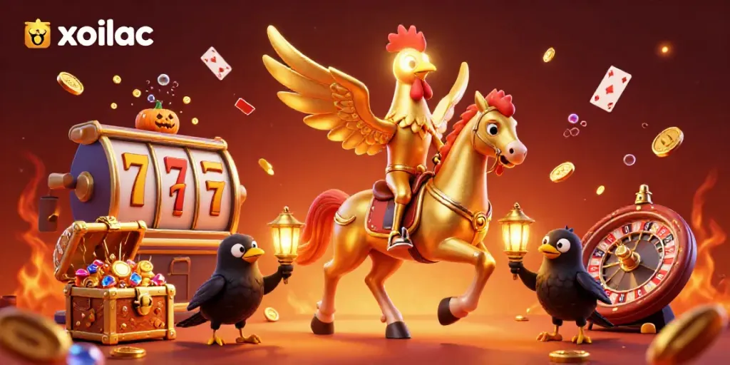 Xoilac showcases a vibrant casino scene with exciting gaming elements, highlighting a golden rooster in action.