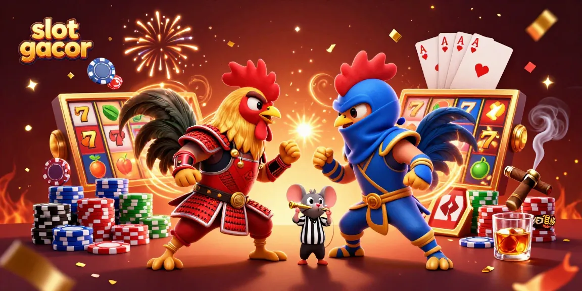 Experience the thrill of slot gacor with dynamic roosters and vibrant casino elements.