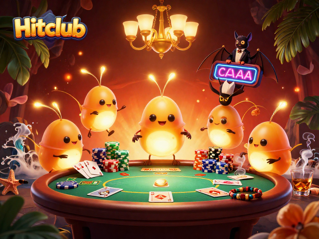 Join the excitement at Hitclub as glowworms illuminate a vibrant casino scene filled with poker action.