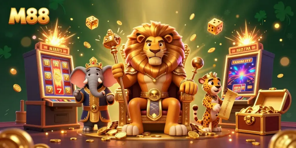 M88 casino scene showcasing a regal lion king and advisors amidst a jackpot celebration of gold coins.
