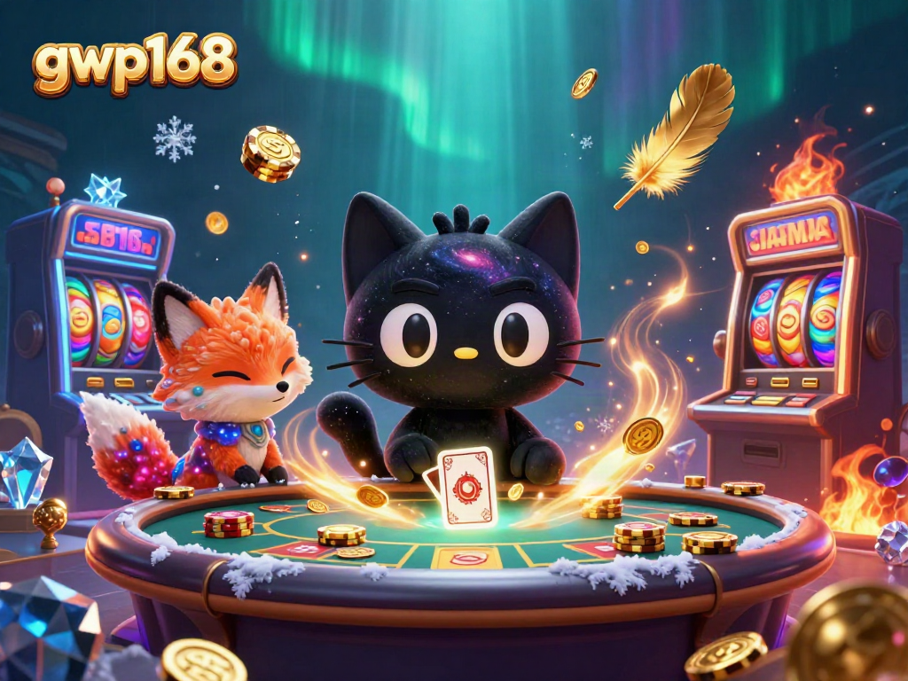 Permainan mendebarkan di kasino online GWP168, menampilkan kucing hitam galaksi menarik chip emas.