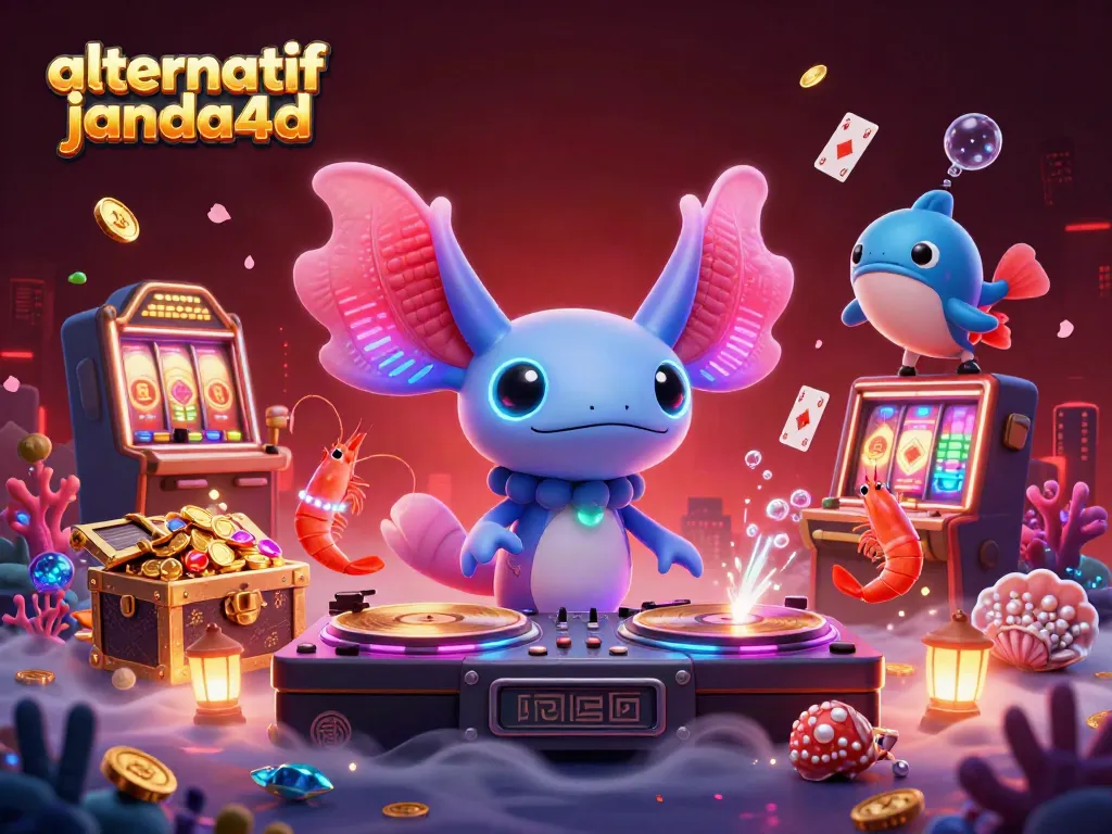 Gambar alternatif janda4d yang menampilkan DJ axolotl neon di bawah laut, dikelilingi elemen kasino.