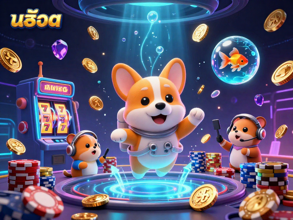 Experience thrilling สล็อต gameplay with an astronaut corgi in a vibrant casino scene.