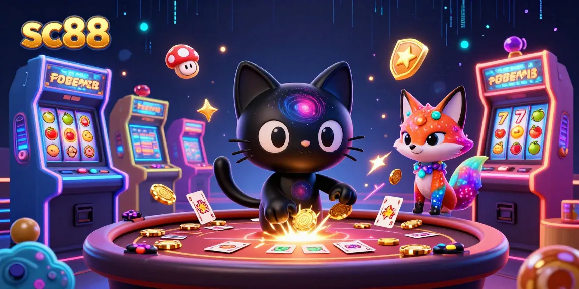 Experience excitement at sc88 with a cosmic casino scene featuring a black hole cat and colorful fox.