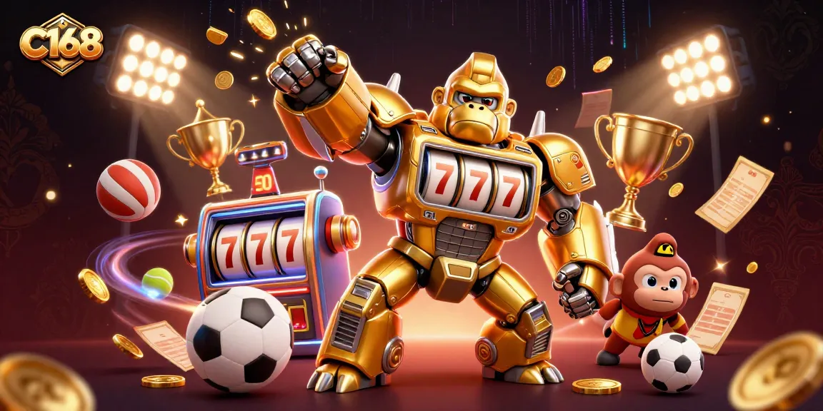 C168 showcases a dynamic scene featuring a golden gorilla mech amidst flying sports elements while emphasizing winning strategies for gamers.