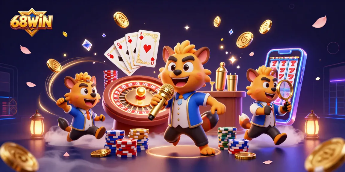 Experience entertainment at 68WIN with a vibrant casino scene featuring hyenas in action.