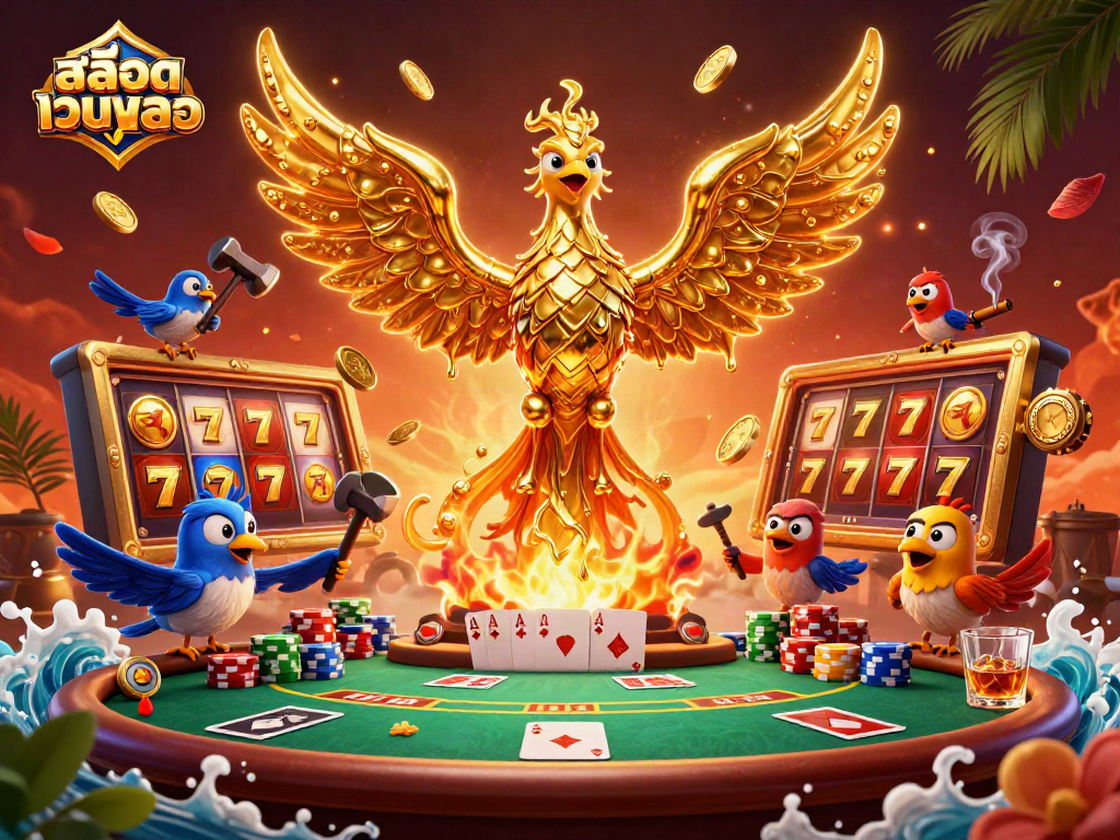 Spin the reels and win with สล็อตเว็บตรง in an immersive casino scene featuring a golden phoenix and poker elements