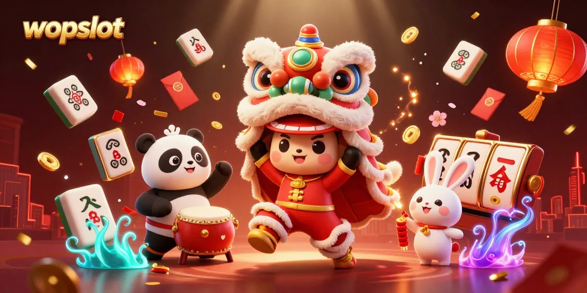 Join the excitement of wopslot with a vibrant celebration featuring a lion dance and slot elements.