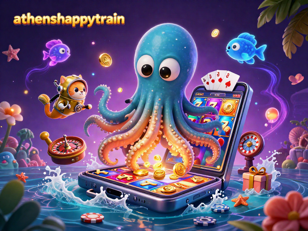Engage with athenshappytrain's thrilling slot adventures featuring a kraken, diving cat, and dazzling game elements.