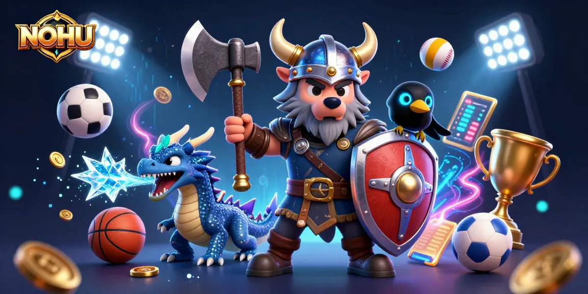 Engage with the NOHU betting scene featuring Viking warrior and fierce dragon amidst dynamic sports elements.