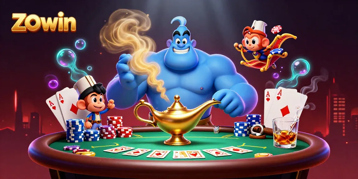 Experience exciting gaming with the zo win interactive casino scene featuring the genie and poker elements.