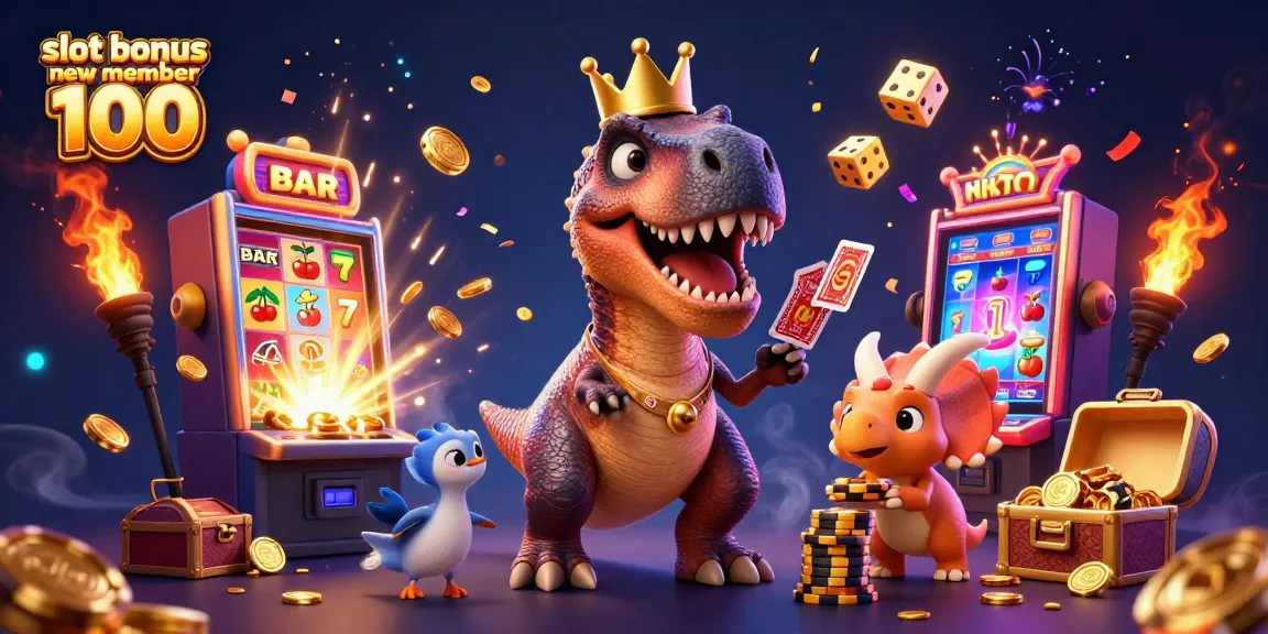 Spin with slot bonus new member 100 featuring a T-Rex playing cards and festive casino elements.