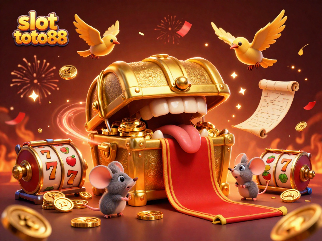 Experience thrilling wins with slot toto88, featuring vibrant scenes of golden treasures and festive gambling elements.