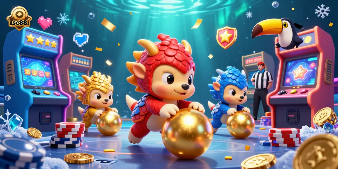 Engage with sc88 in a vibrant 3D casino scene featuring rival pangolins, poker chips, and arcade elements.