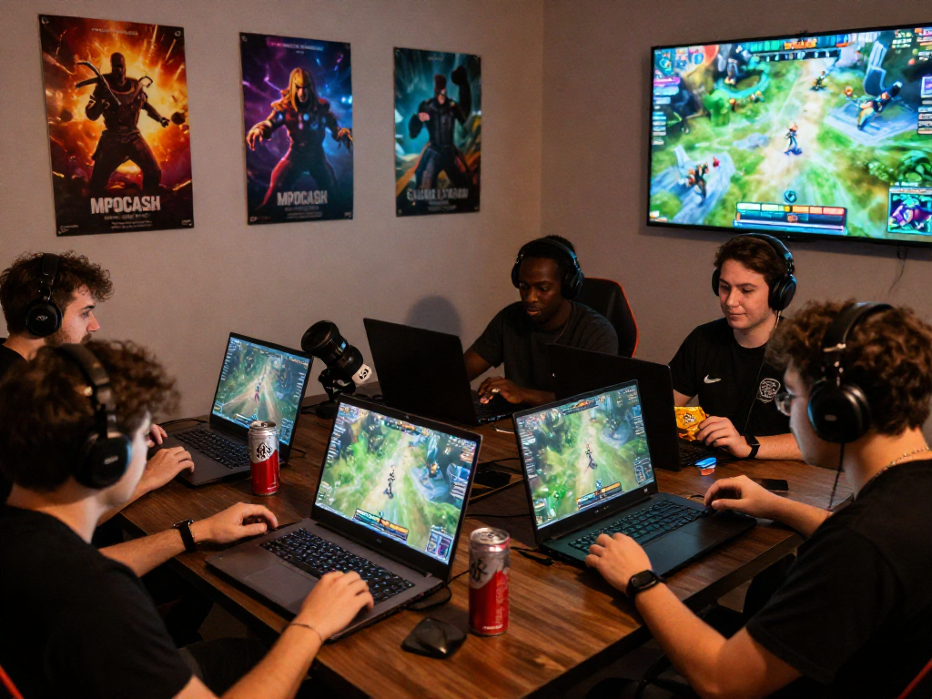 Players enjoying gaming on mpocash.blog with vibrant screens and snacks in a lively atmosphere