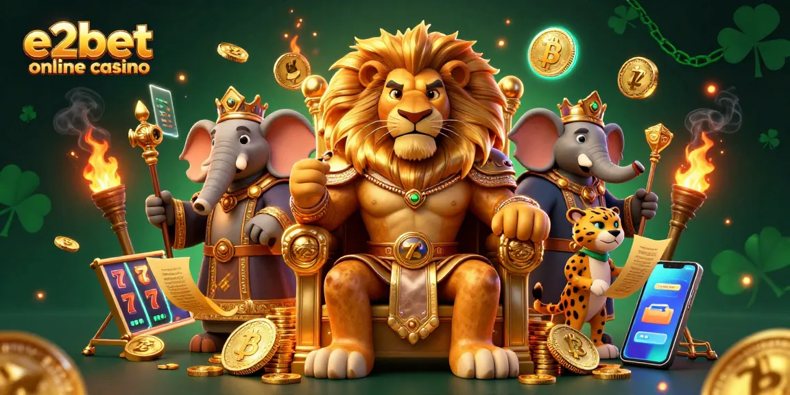 Experience the excitement of e2bet online casino with a vibrant 3D scene featuring a royal lion king and exciting game elements.