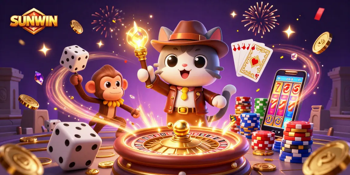 SUNWIN showcases a thrilling casino adventure with a cat archaeologist unveiling treasures amid vibrant casino elements.