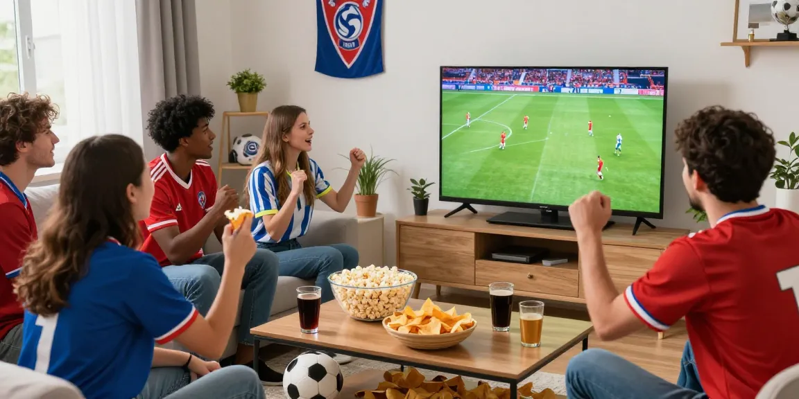 Enjoying رابط مباريات اليوم with friends during a live soccer match at home.