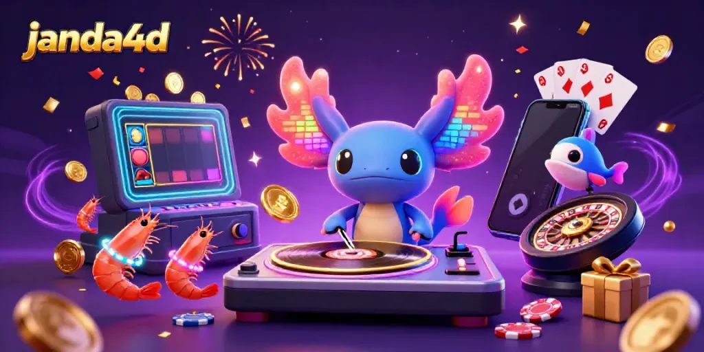 Mainkan janda4d, ilustrasi kartun 3D dengan DJ axolotl di kasino bawah laut.