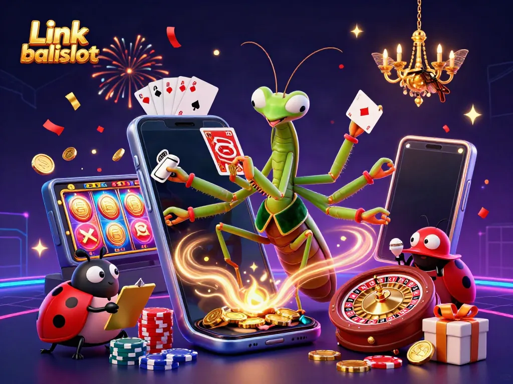 Experience Link balislot with vibrant casino elements, showcasing a dynamic illustration of playful characters and festive atmosphere.