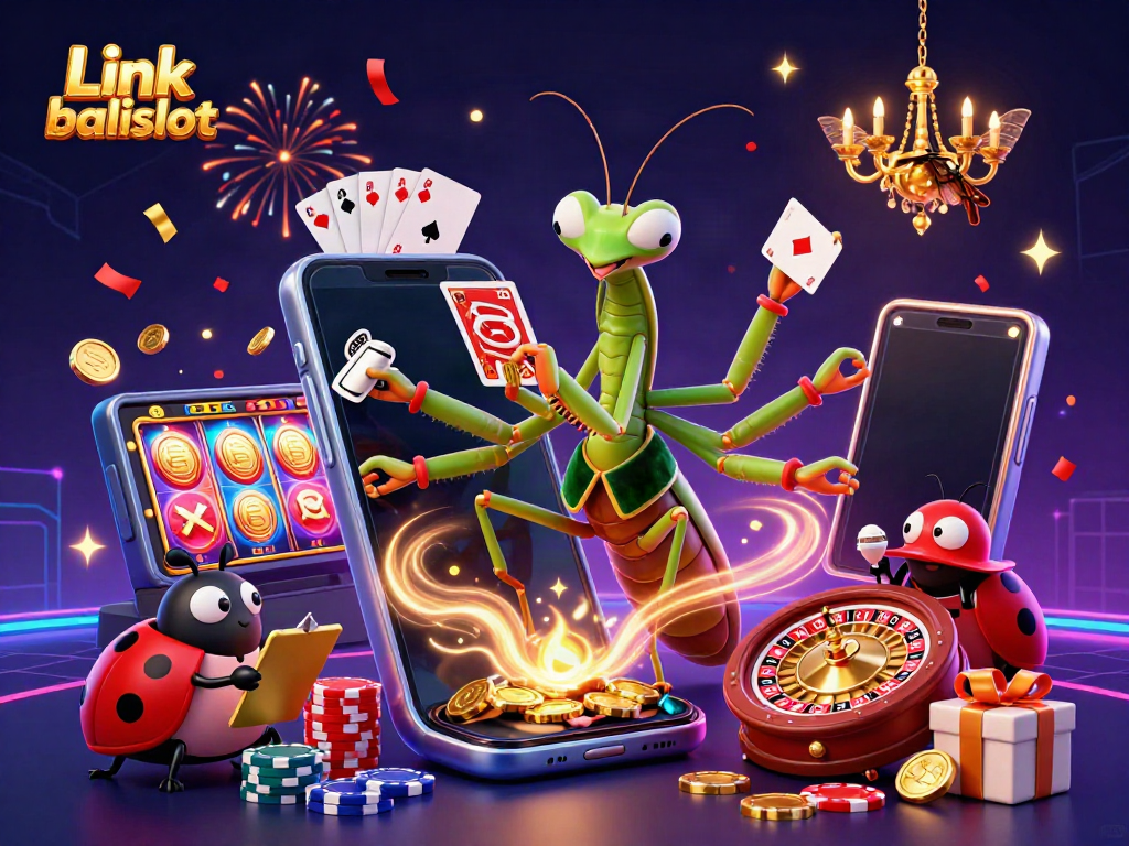 Experience Link balislot with vibrant casino elements, showcasing a dynamic illustration of playful characters and festive atmosphere.