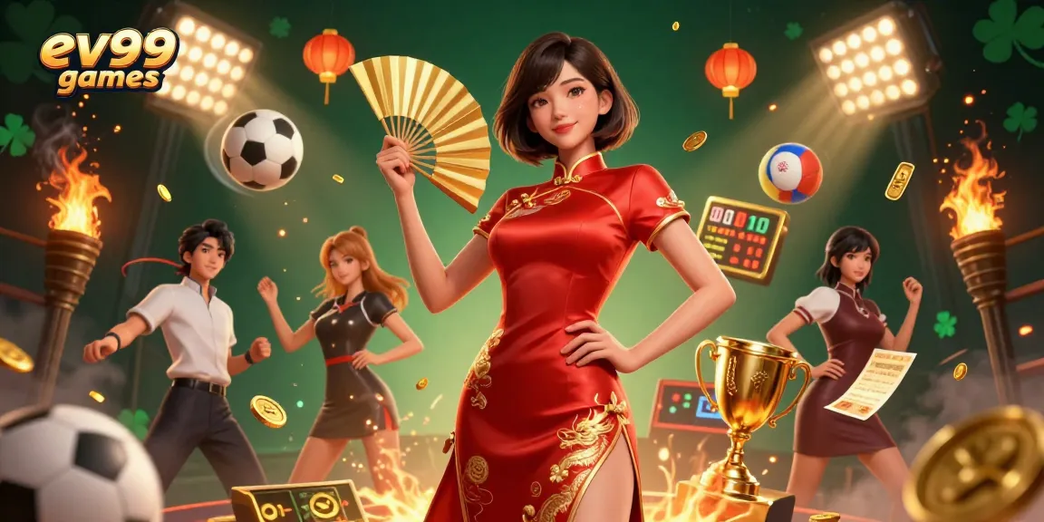 Experience ev99 games with an Asian woman in qipao surrounded by dynamic sports elements and golden coins.