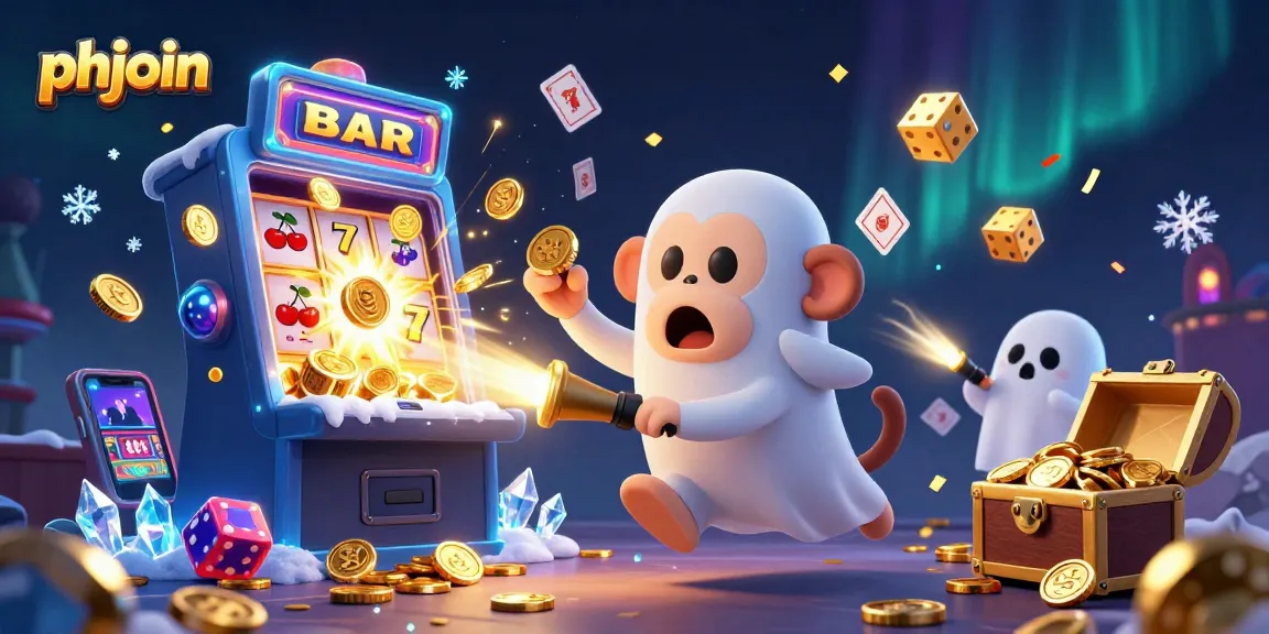 Experience a lively scene with phjoin's playful monkey juggling casino chips in a haunted casino.