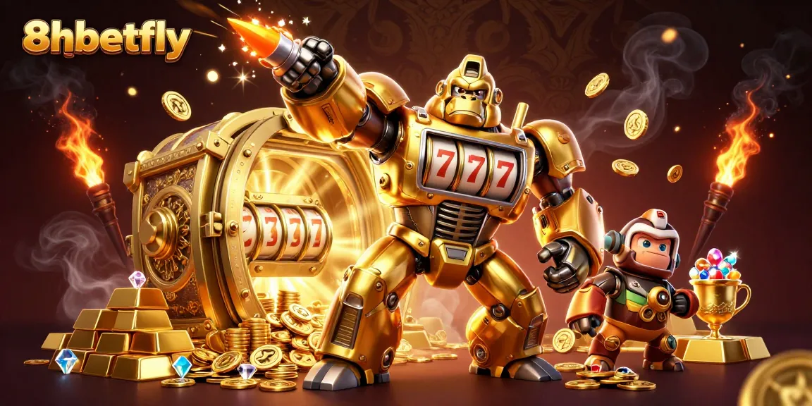 Engage in thrilling gameplay at 8xbetfly, featuring a vibrant 3D illustration of a golden gorilla mech and jackpot treasures.