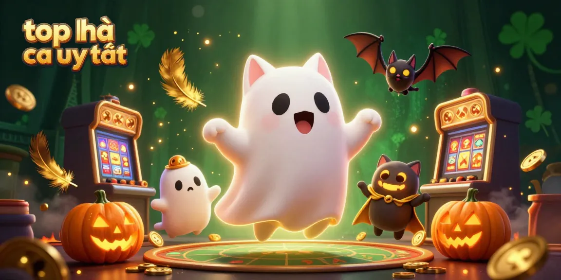 Engaging scene showcasing the top nhà cái uy tín in a haunted casino with a friendly ghost cat and vampire bat.