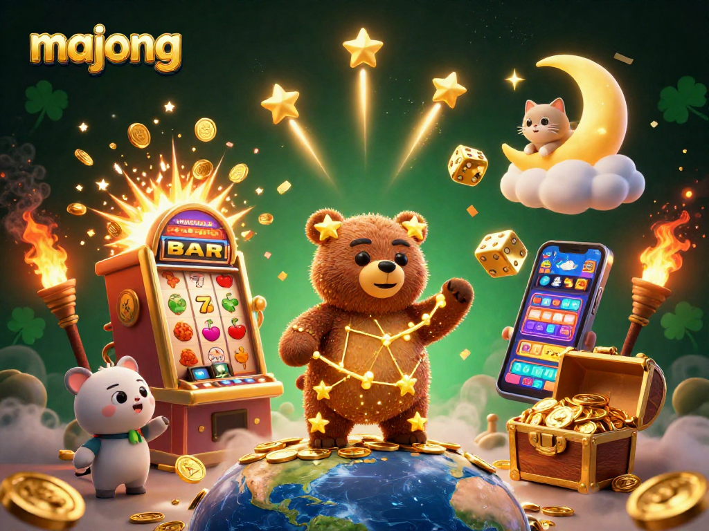 Win big with Mahjong slots as the constellation bear gathers coins amidst a casino explosion.