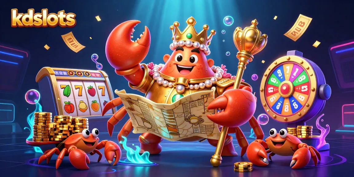 KDslots showcases gaming excitement with a golden crab emperor and dynamic slot reels, promising winning thrills.