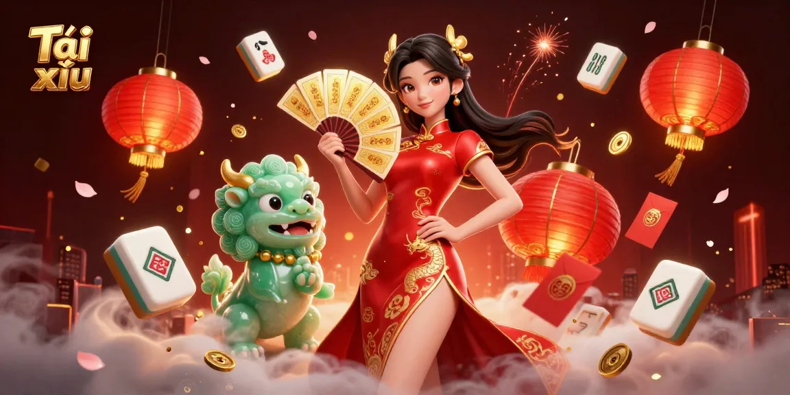 Engage in Tài xỉu with a vibrant scene featuring a woman in a qipao and a jade lion amidst celebratory elements