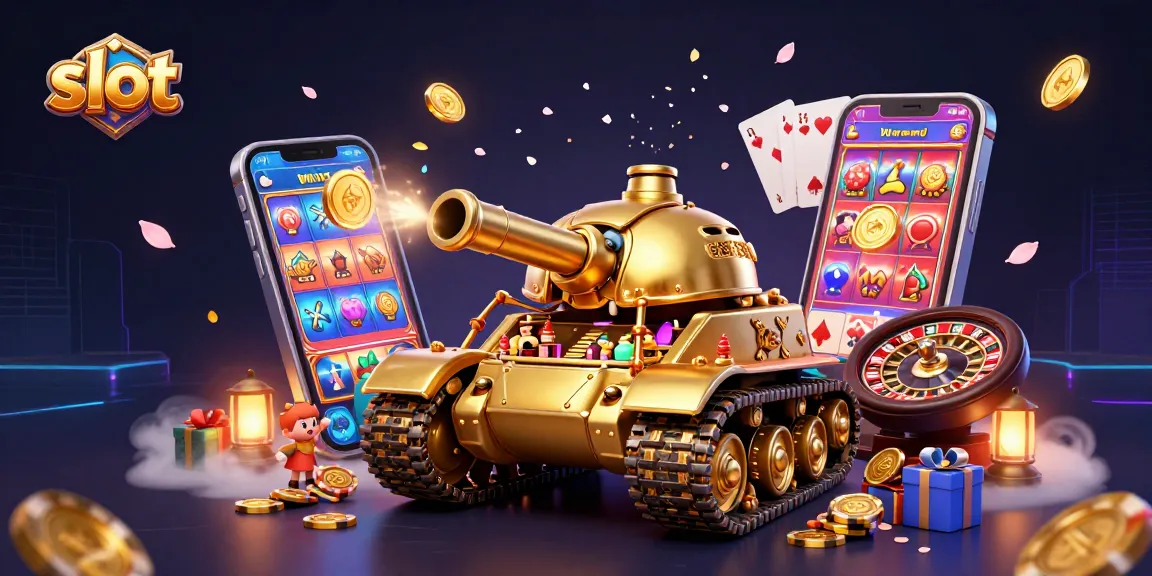 Experience thrilling action in this vibrant slot-themed casino illustration with a cartoon beetle tank.