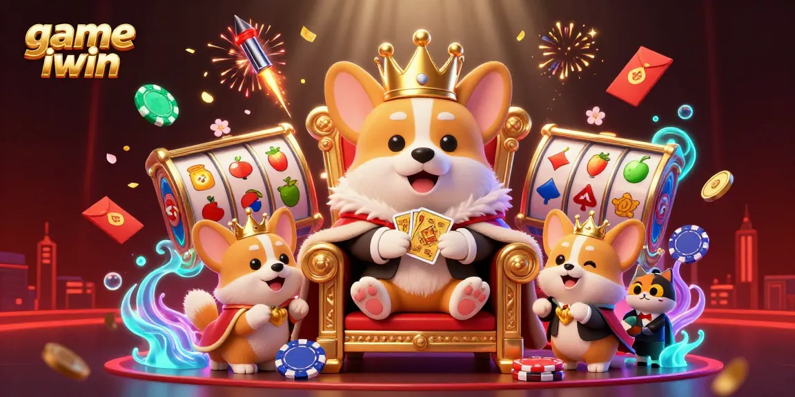Play exciting game iwin with a royal corgi on a poker chip throne amidst vibrant casino elements.
