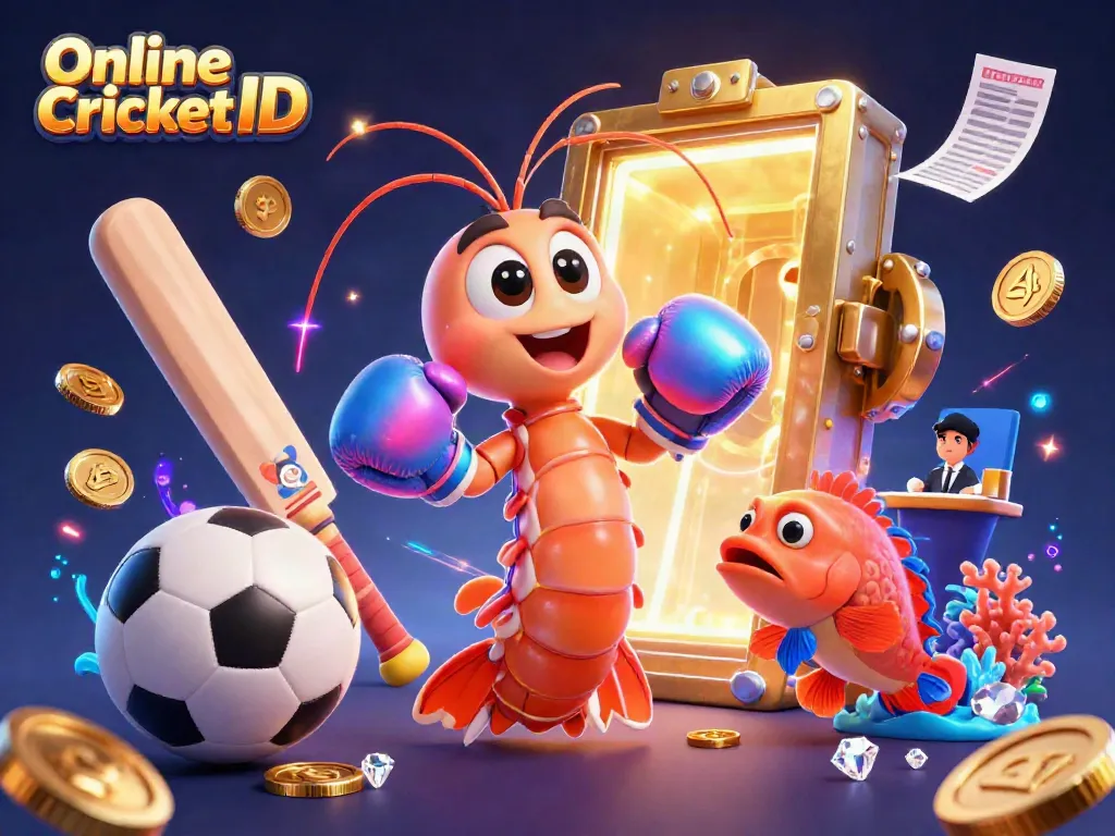 Engage with Online Cricket ID through a vibrant 3D illustration showcasing betting excitement with sports elements, shining gems, and animated characters.