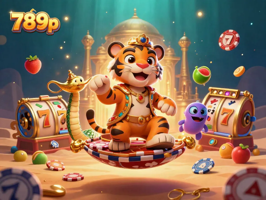 Sultan tiger character engaging in thrilling slots at 789p, surrounded by vibrant casino elements