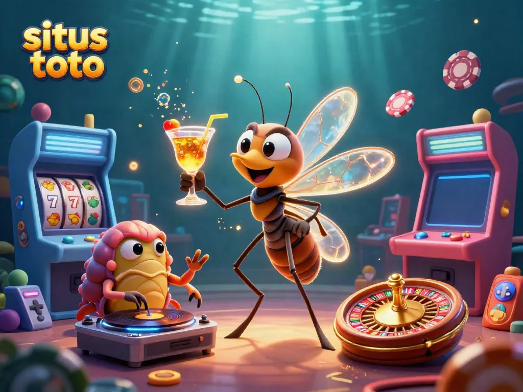 Situs toto themed 3D casino scene with nostalgic characters, colorful arcade games, and golden roulette elements.